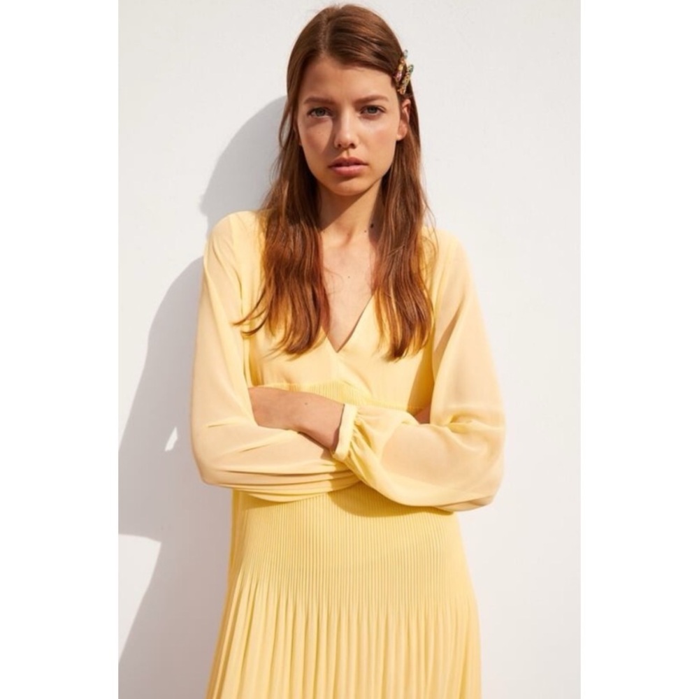 Zara Pleated Midi Midaxi Maxi Butter Yellow Summer Spring Dress - Picture 3 of 6